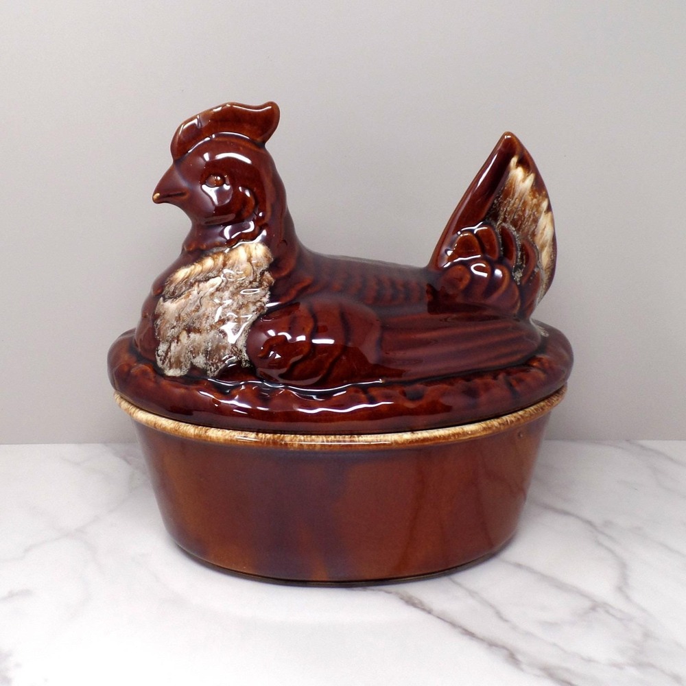 Vintage Hall Ceramic Hen on Nest Covered Dish, House 'n Garden Mirror Brown